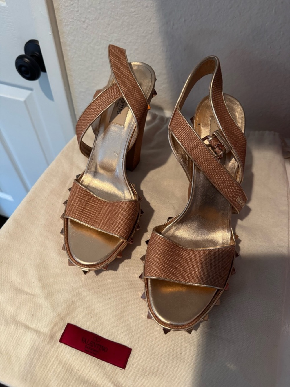 Valentino Rose Gold Studded Block Heel Sandals